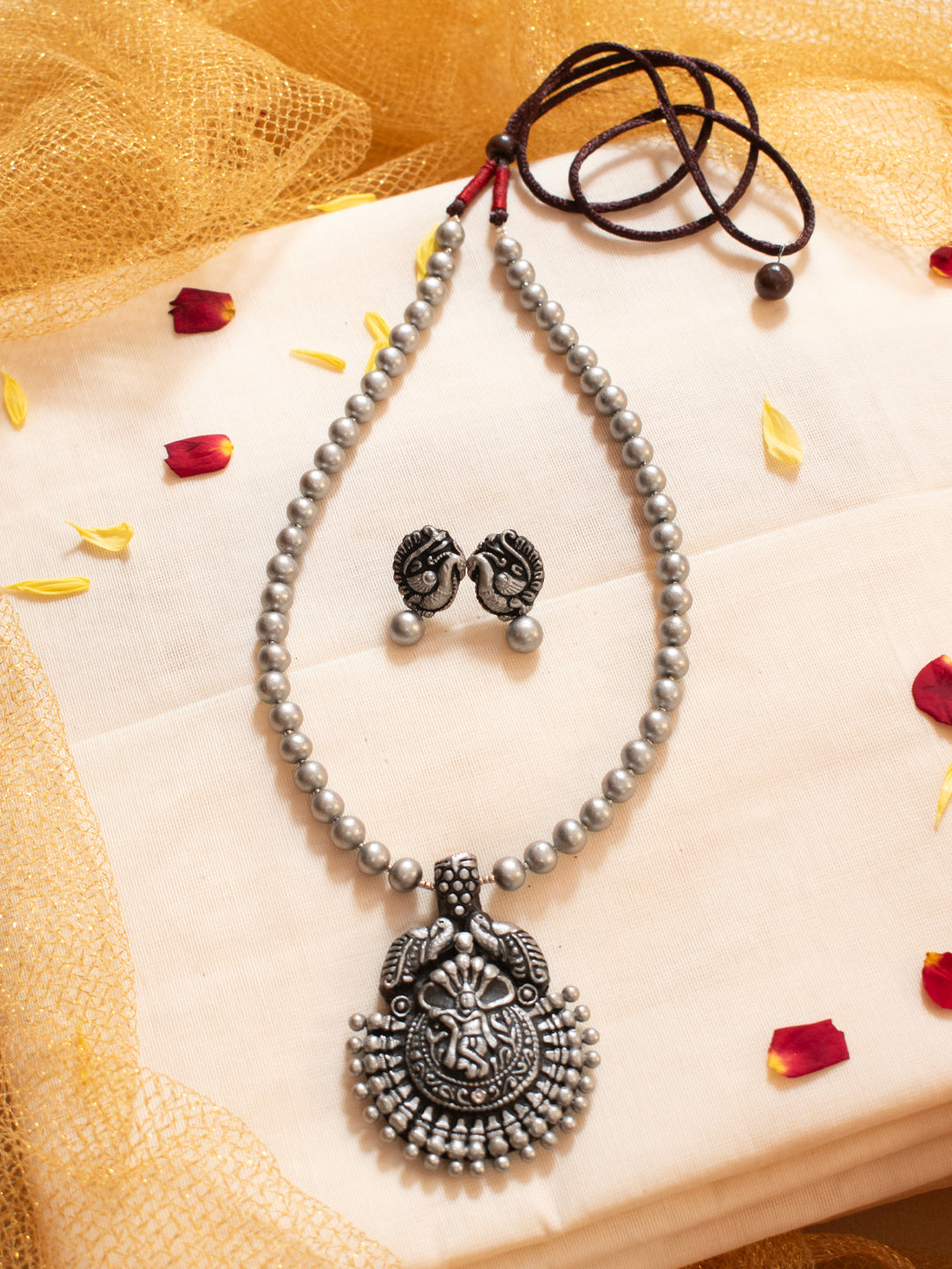 Antique Silver Gopalkrishna Design Temple Handmade Terracotta Necklace Set