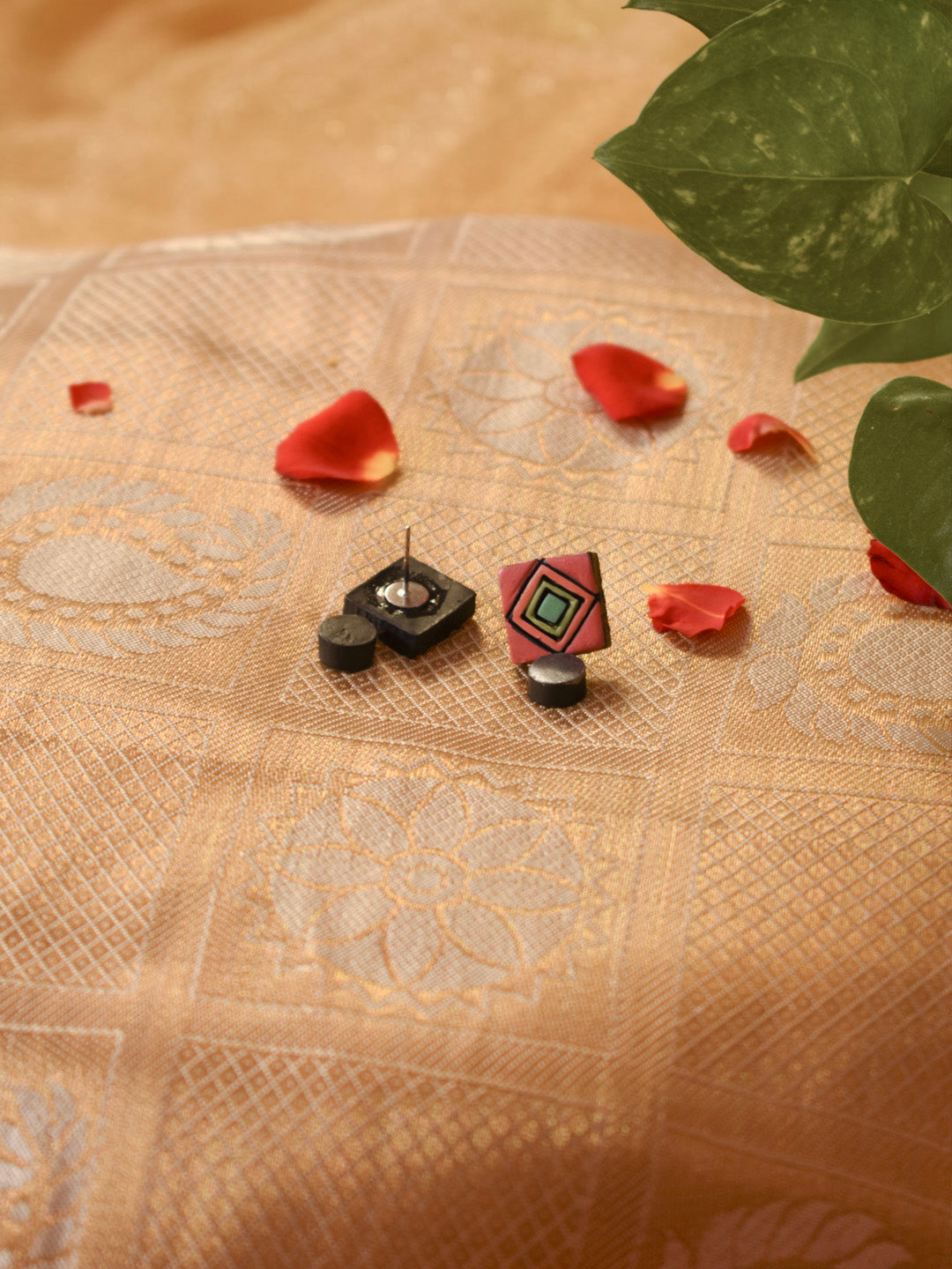 Pink Orange Pastel Shades of Green Square Pendant Spiral Rhombus Handmade Terracotta Necklace Set