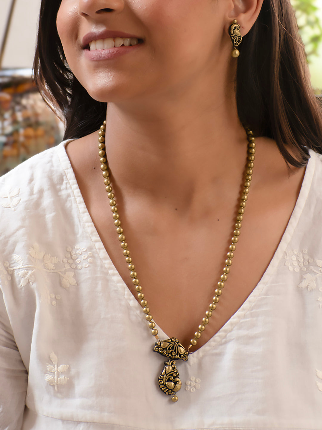 Antique Gold Minimalistic Peacock Design Mala Handmade Terracotta Necklace Set