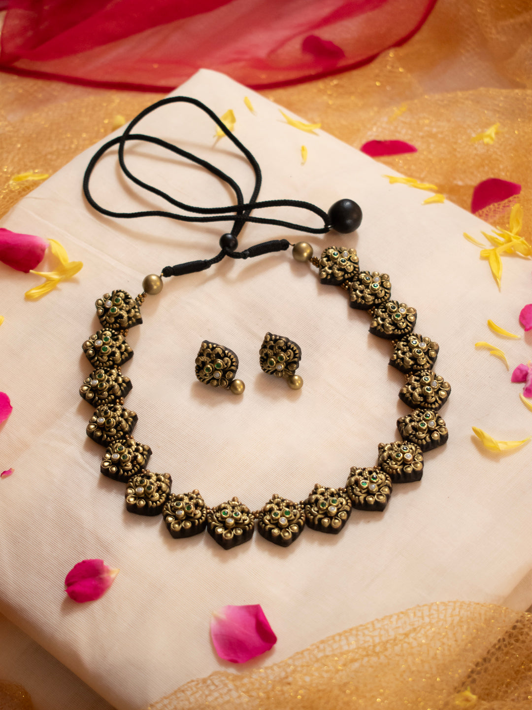 Rhombus Design Antique Gold Green White Kundan Stone Handmade Terracotta Necklace Set