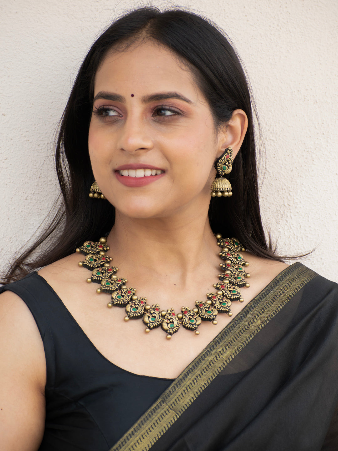 Antique Gold Green Red Dancing Peacock Handmade Terracotta Necklace Set