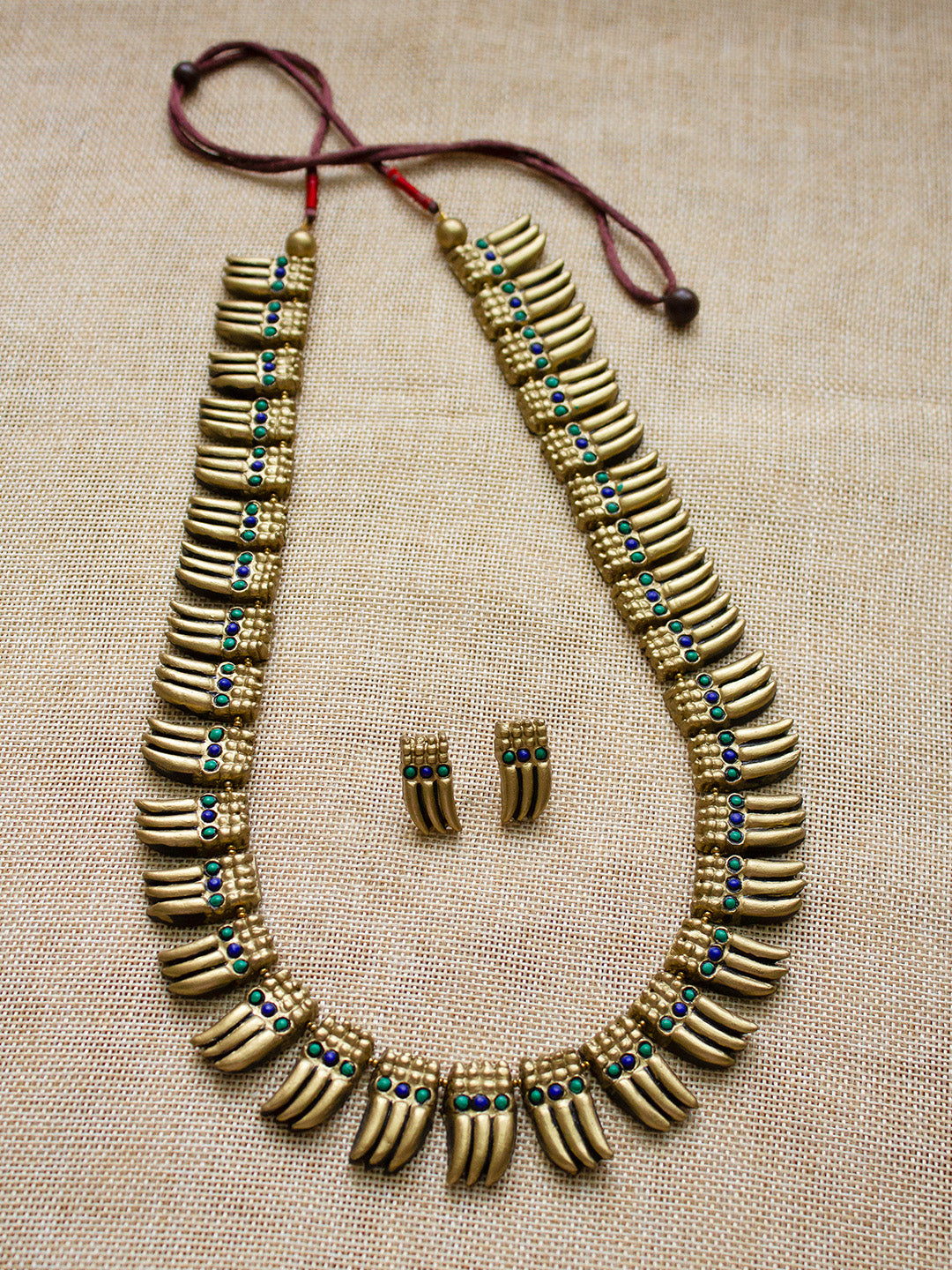 Antique Gold Blue Green Kerala Style Mulla mottu Haram Handmade Terracotta Necklace Set