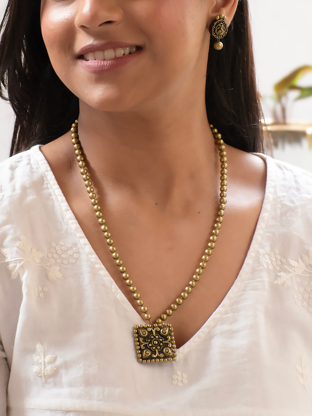 Antique Gold Floral Design Square Pendant Handmade Terracotta Mala Necklace Set