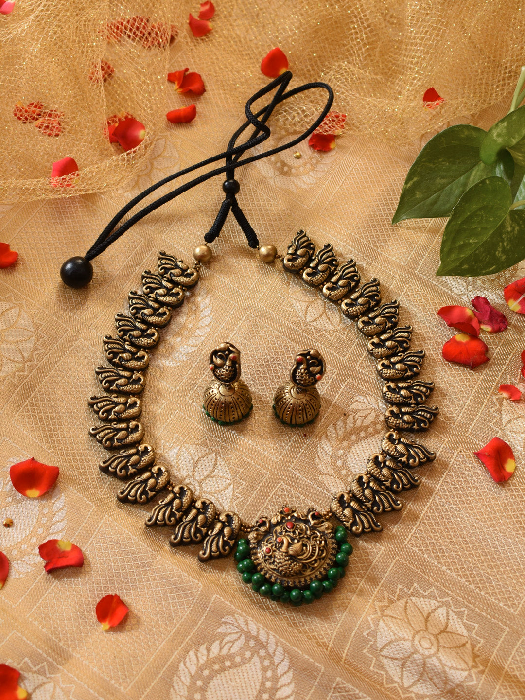 Antique Gold Red Green Peacock Design Handmade Terracotta Necklace Set