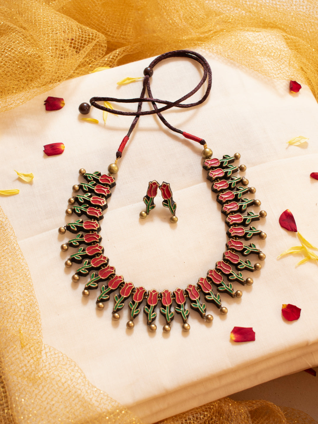 Antique Gold Red Green Rose Flower Valentine Design Handmade Terracotta Necklace Set