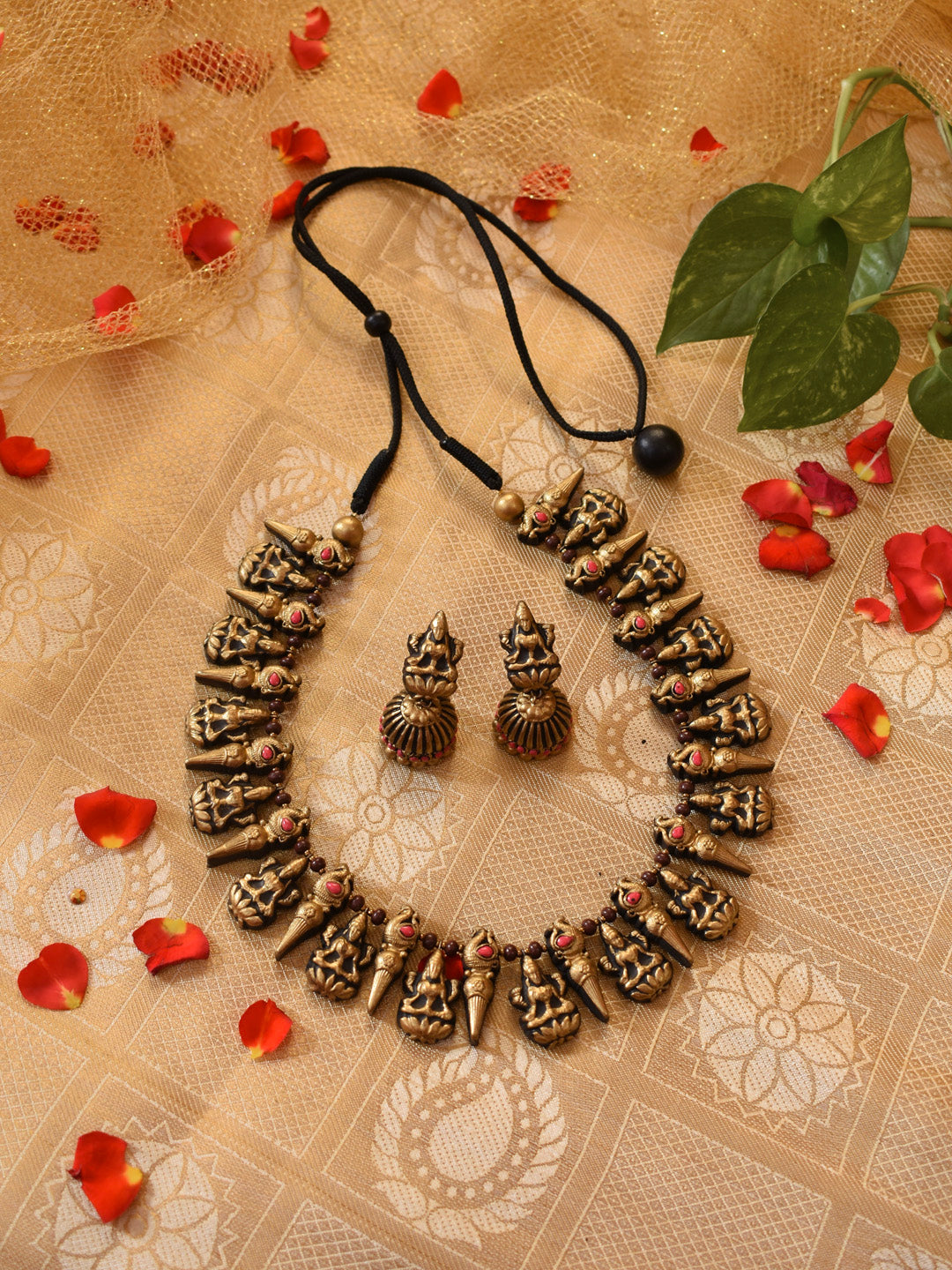 Antique Gold Red Fringe Lakshmi Peacock Design Handmade Terracotta Necklace Set