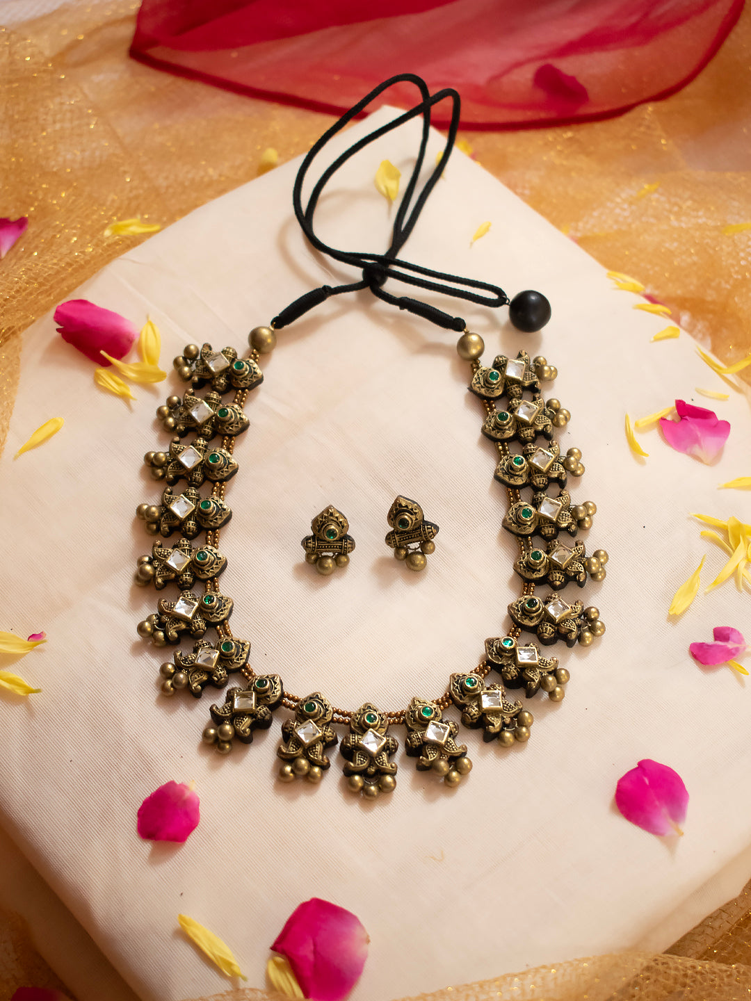 Antique Gold Green Kundan Stone Mango Design Rajwadi Style Handmade Terracotta Necklace Set