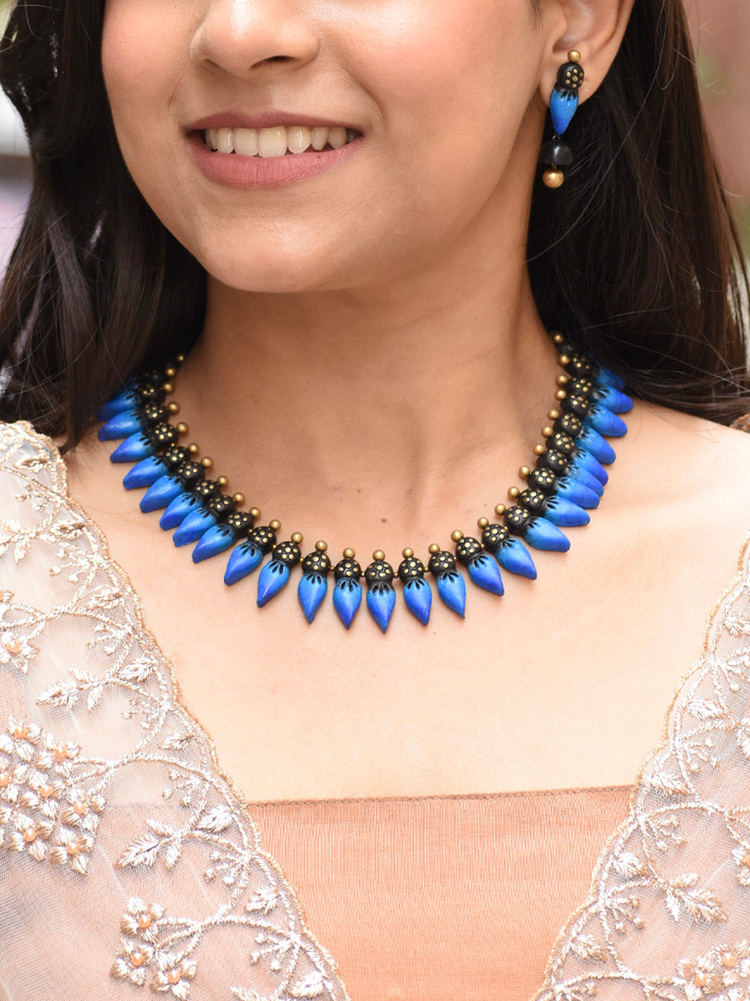 Blue Black Antique Gold Leaf Fringe Pattern Handmade Terracotta Necklace Set
