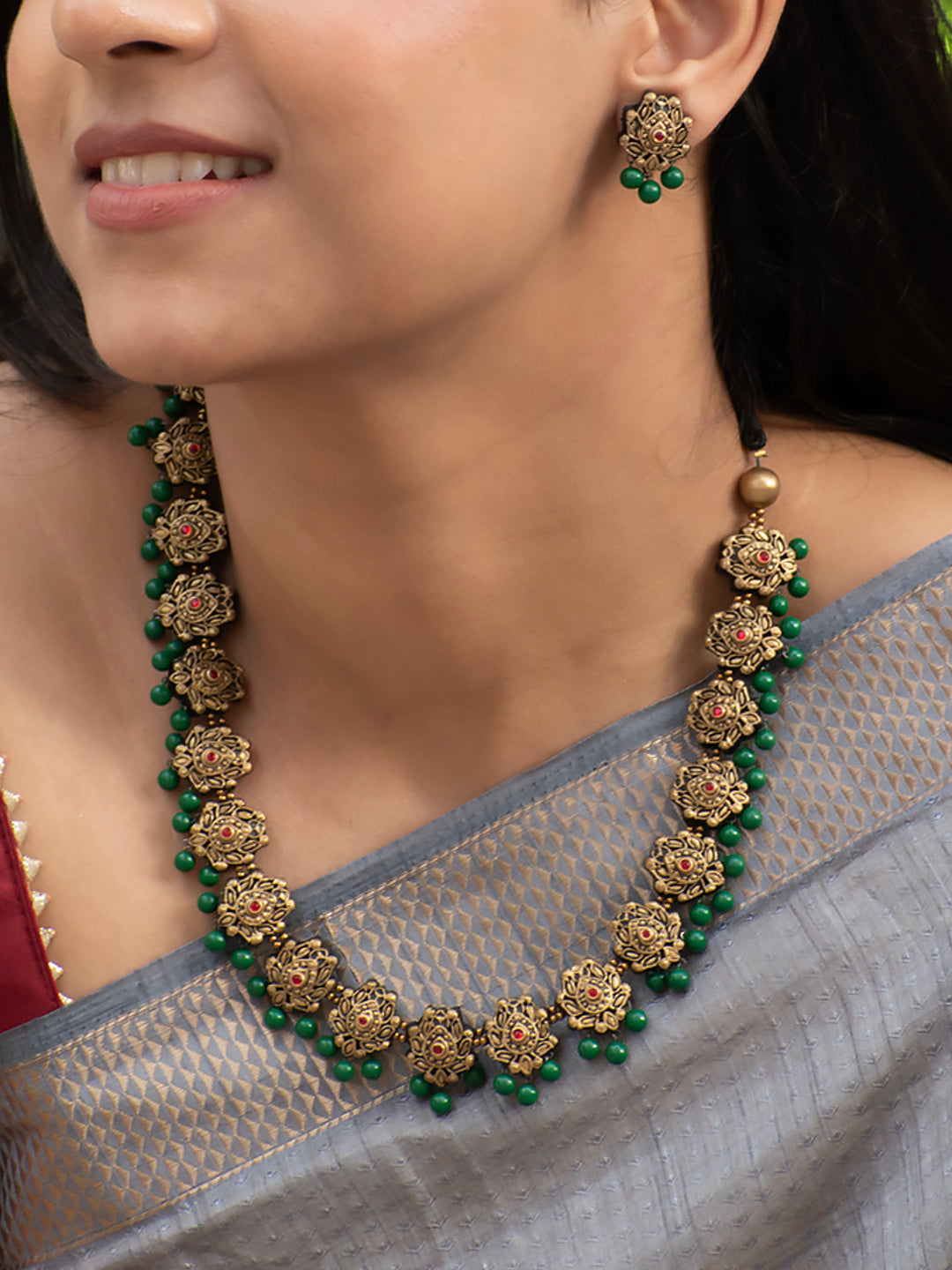 Padmavati - Antique Gold Green floral drops Handmade Terracotta Necklace Set