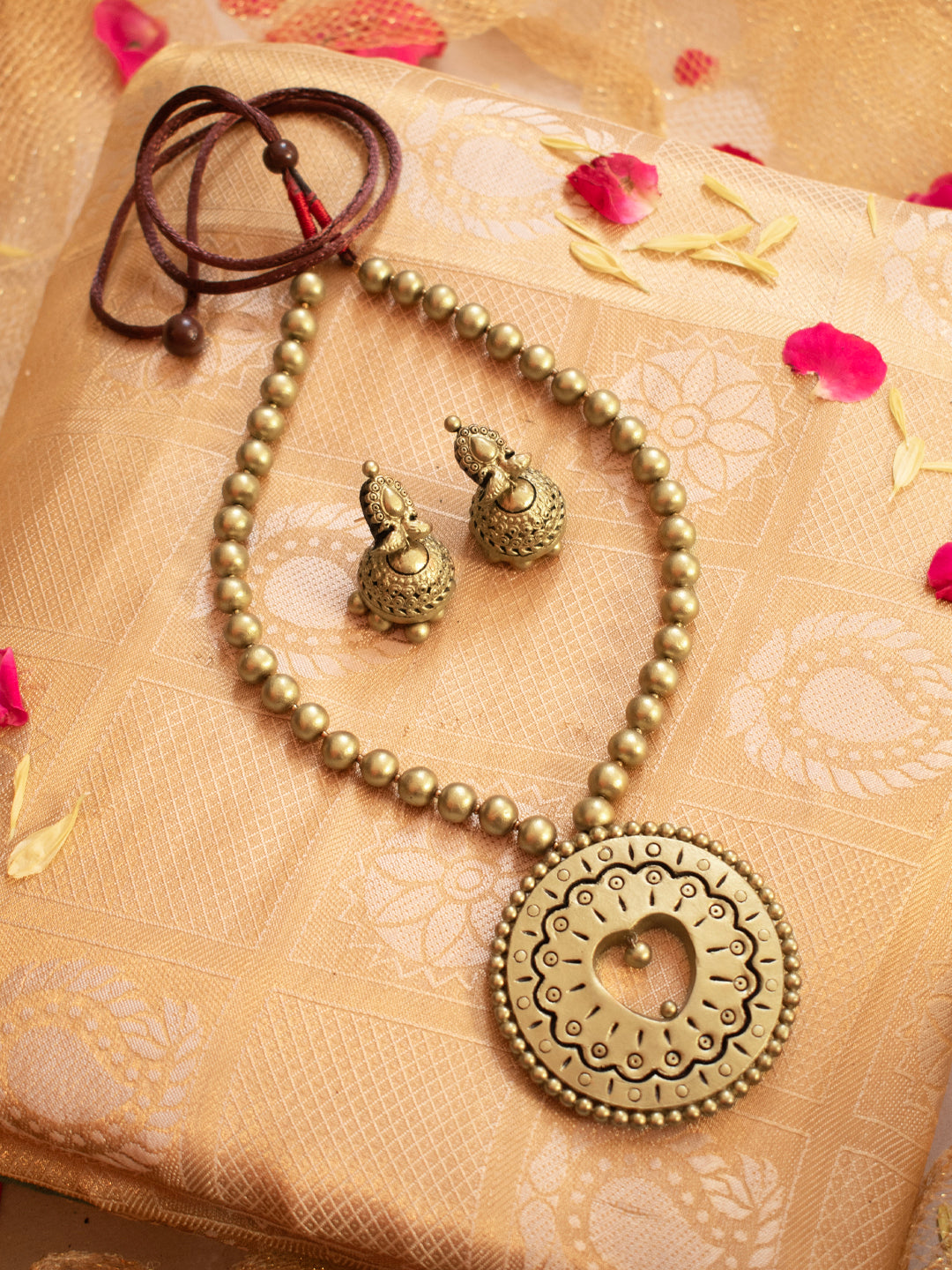 Antique Gold Circular Pendant with Heart Design Handmade Terracotta Mala Necklace Set