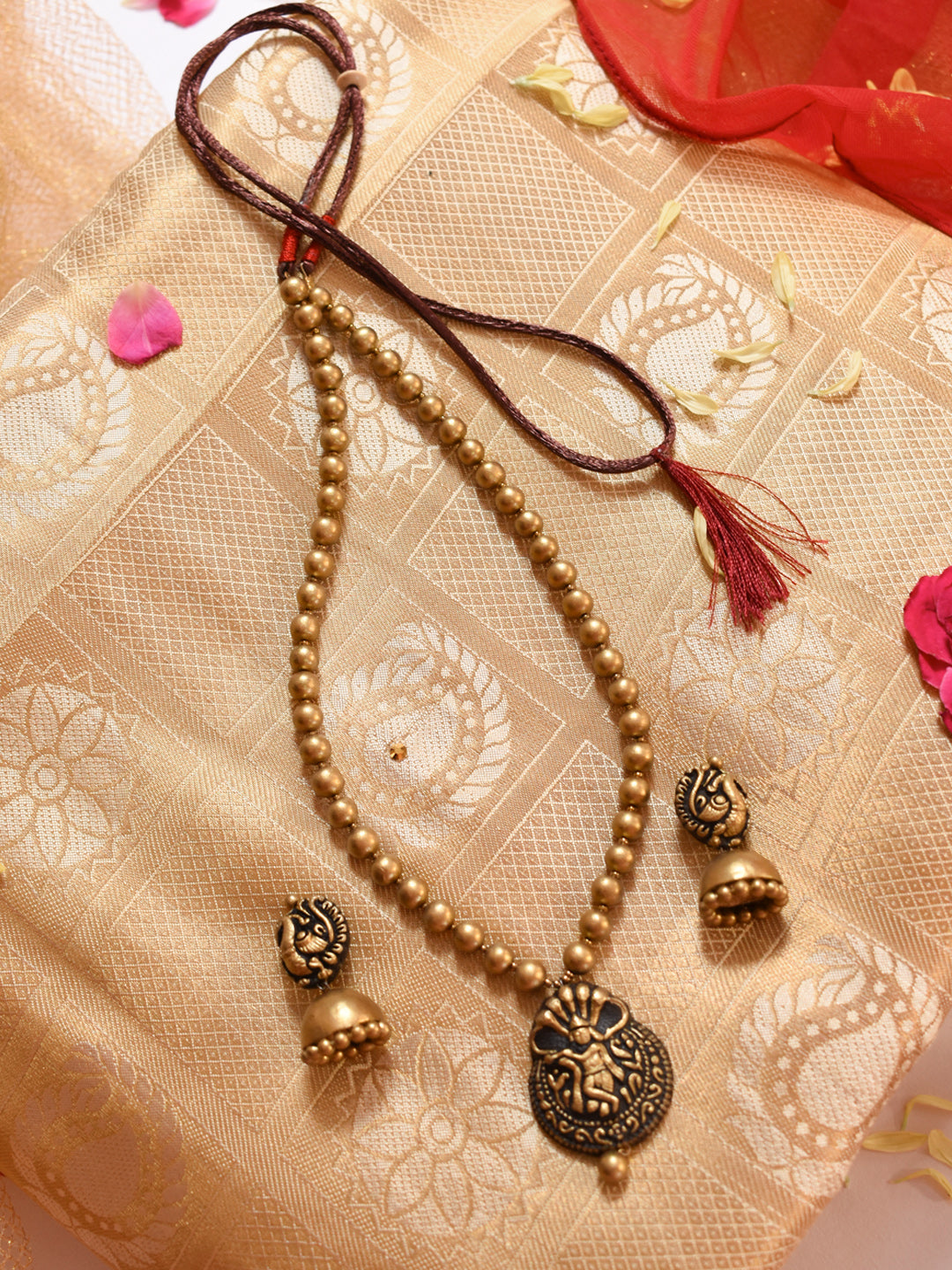 Antique Gold Minimalistic Gopalkrishna Pendant Mala Handmade Terracotta Necklace Set