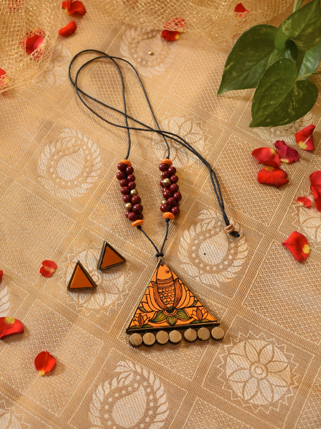 Yellow Maroon Antique Gold Triangular Pendant Fish Art Work Handmade Terracotta Necklace Set for Sangeet