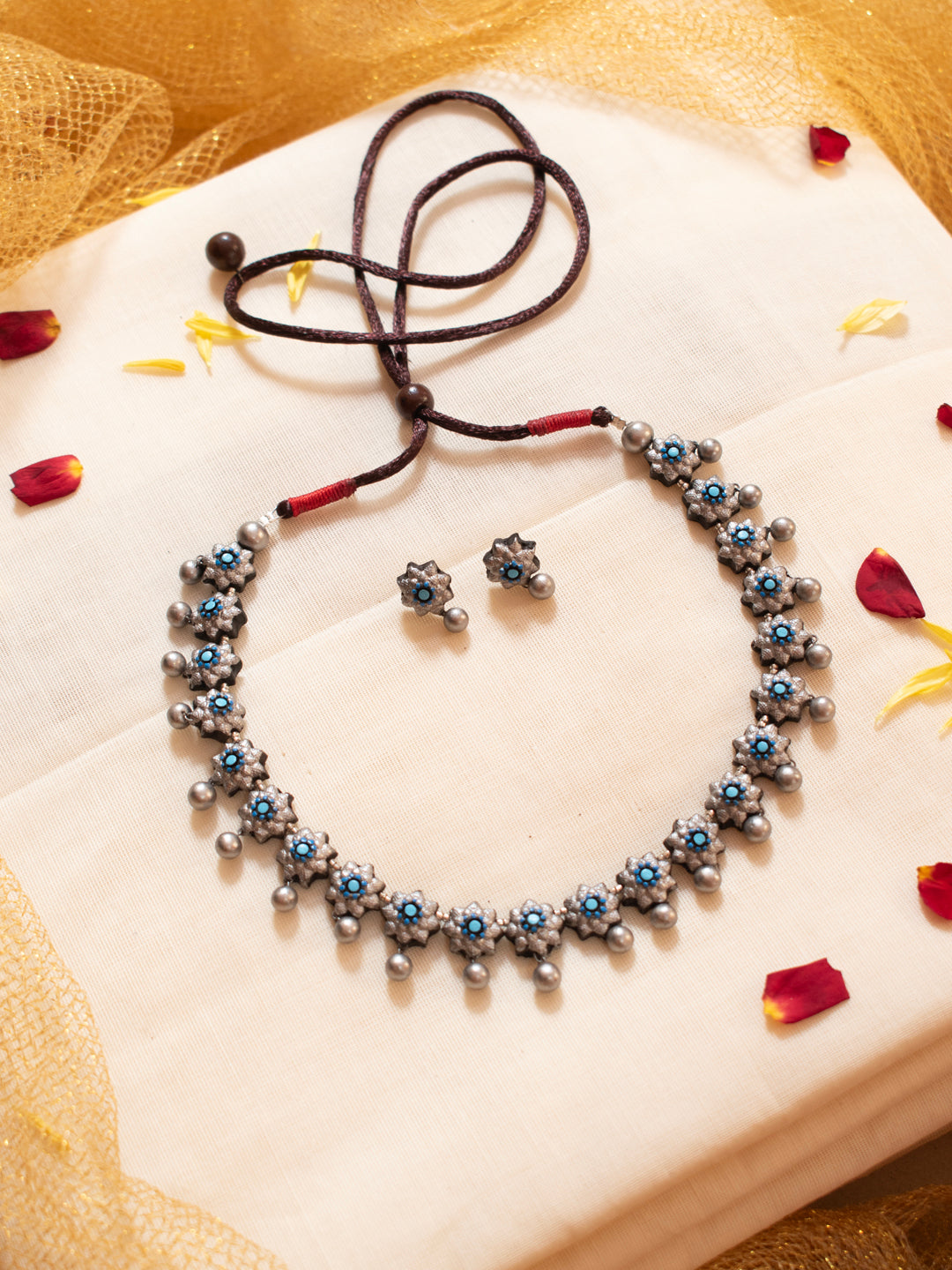 Antique Silver Dark Blue and Light Blue Floral Design Handmade Terracotta Necklace Set