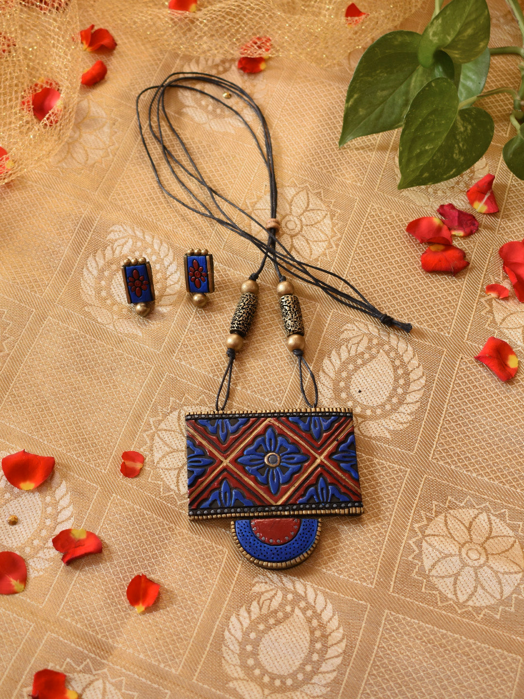 Antique Gold Ink Blue Dark Pink Criss Cross Pattern Rectangular Design Handmade Terracotta Necklace Set