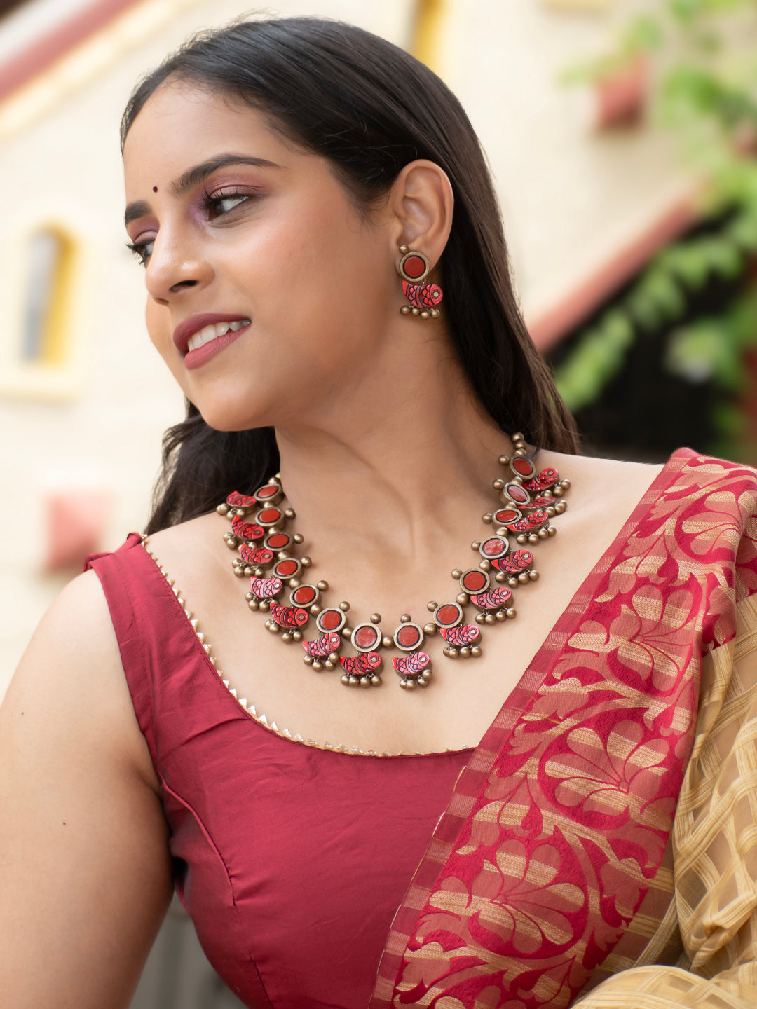 Red and Antique Gold Fish and Circular Design Handmade Terracotta Necklace Set