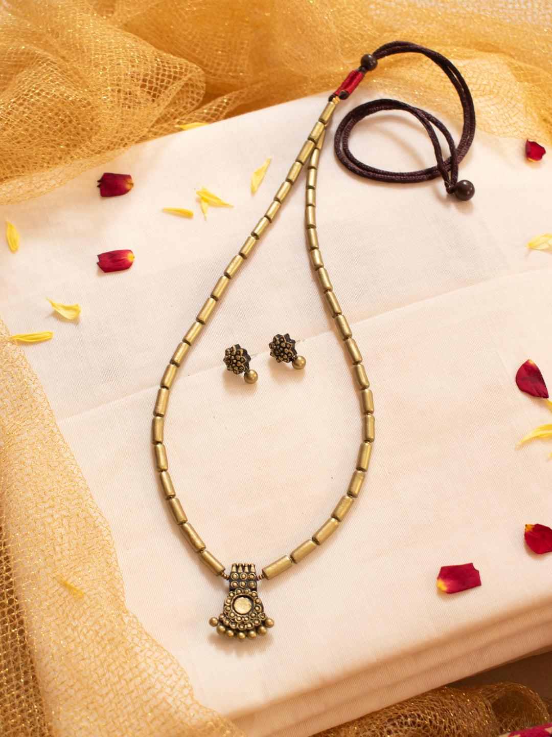 Antique Gold Tubular Design Single Line Mala Handmade Terracotta Necklace Set