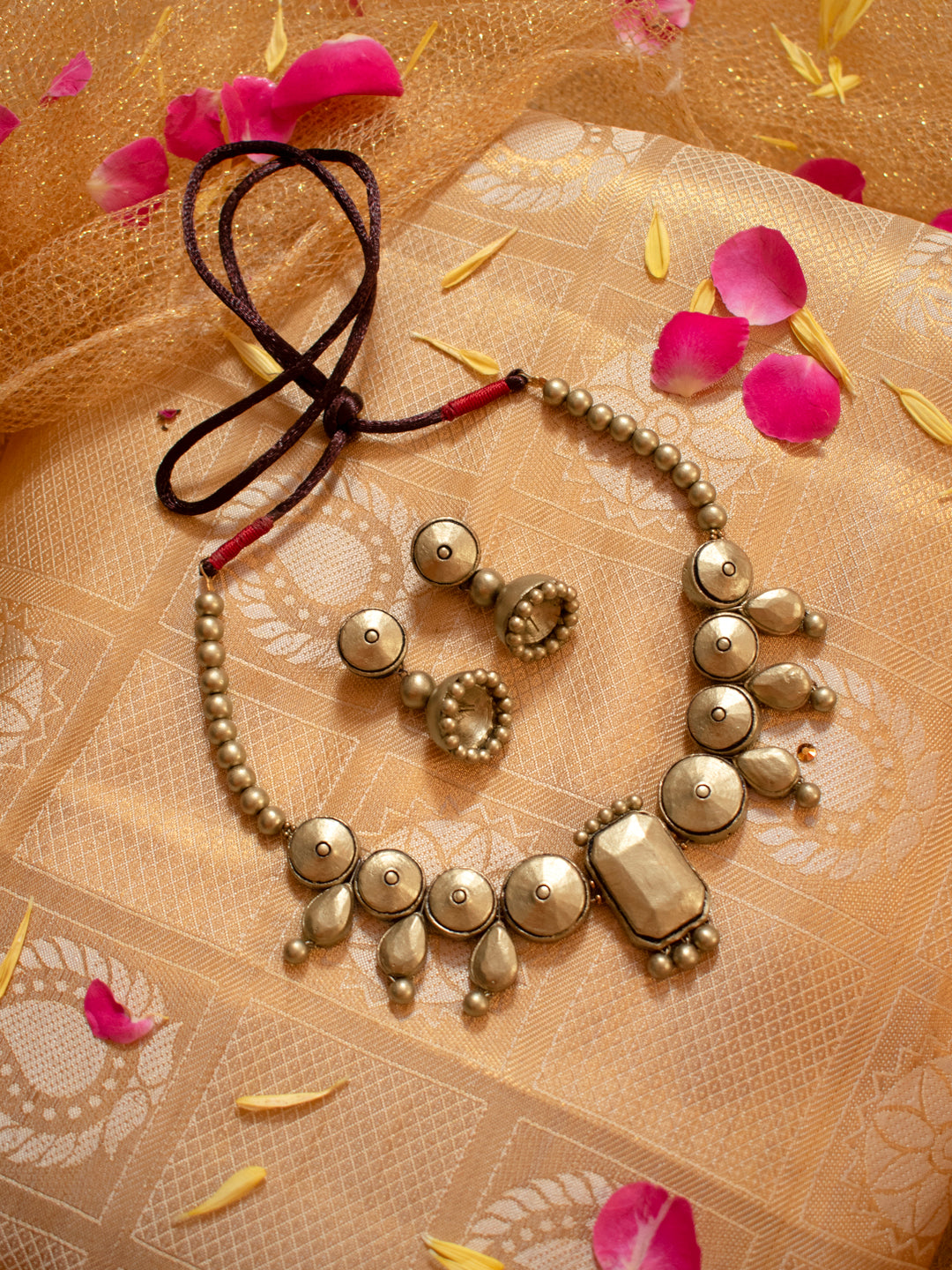 Antique Gold Circular Disc Pattern Pear Dropping Rectangular Handmade Choker Terracotta Necklace Set