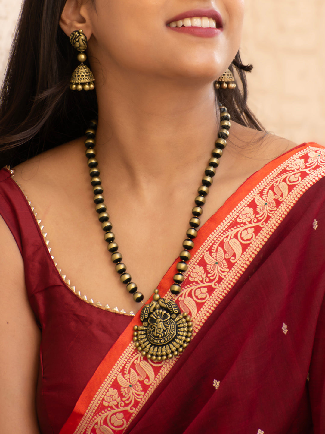 Antique Gold Gopalkrishna Peacock Pendant Mala Design Handmade Terracotta Necklace Set