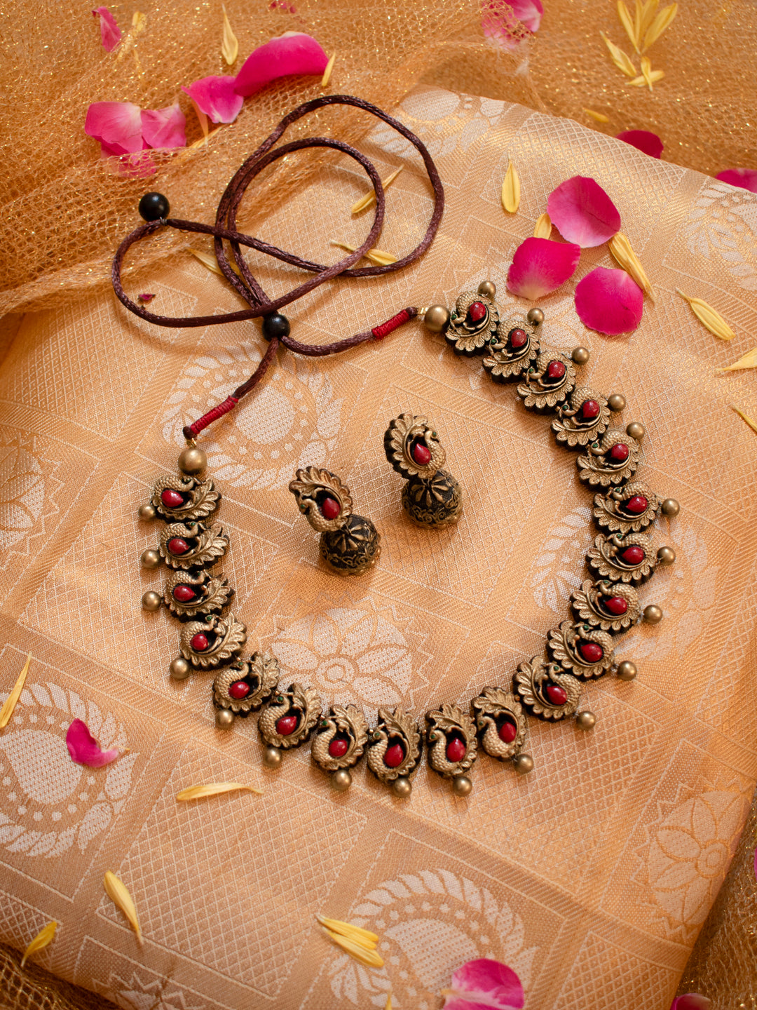 Antique Gold and Red Peacock Design Handmade Terracotta Necklace Set