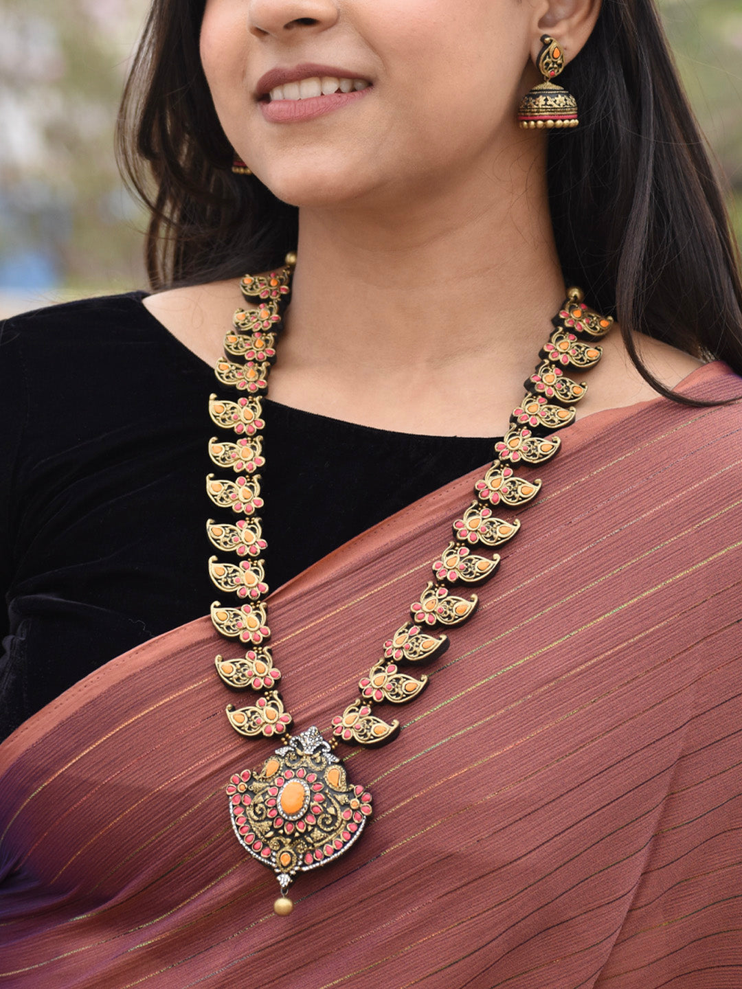 Antique Gold Pink Orange Mango Design Haram Style Temple Handmade Terracotta Necklace Set