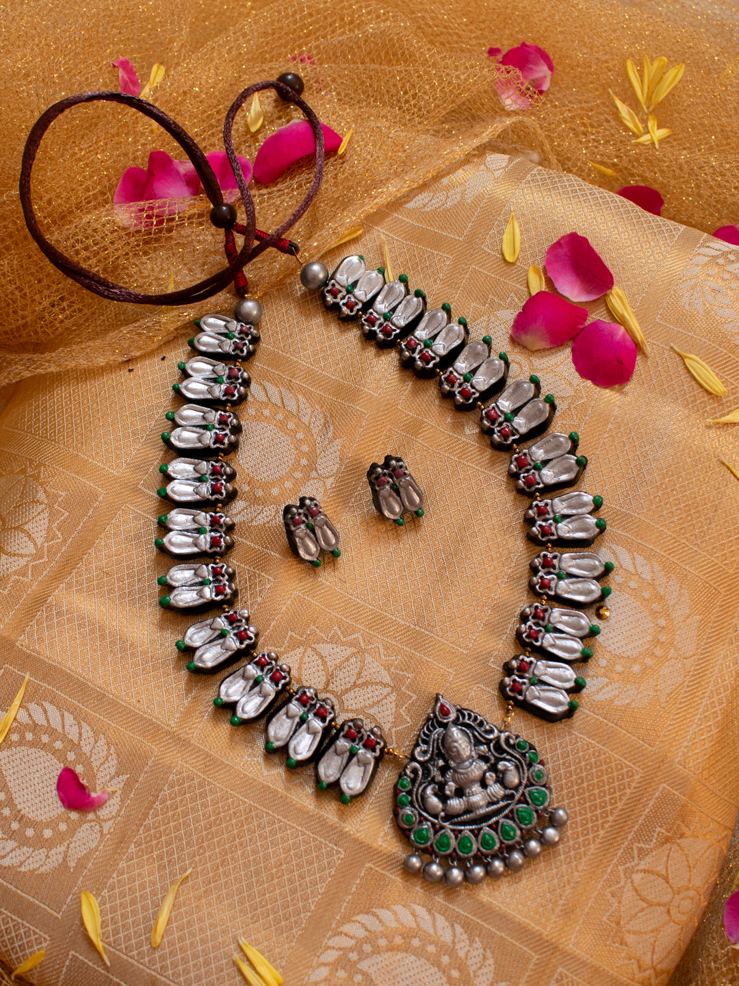 Antique Silver Red Green Lakshmi Design Temple Handmade Terracotta Necklace Set
