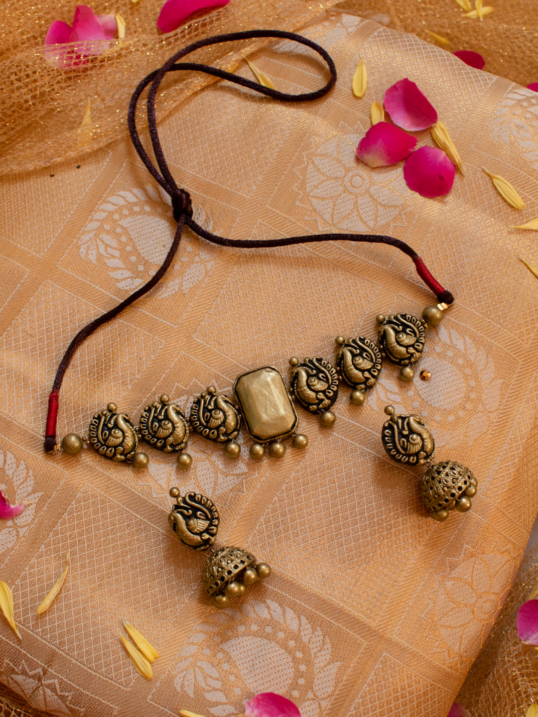 Antique Gold Peacock Design Rectangular Victorian Choker Handmade Terracotta Necklace Set