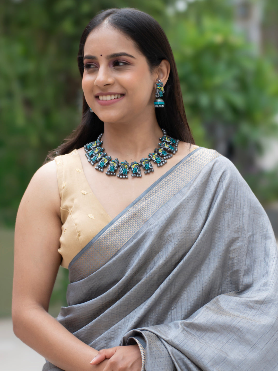 Teal, Yellow and Silver Peacock Design Handmade Terracotta Necklace Set