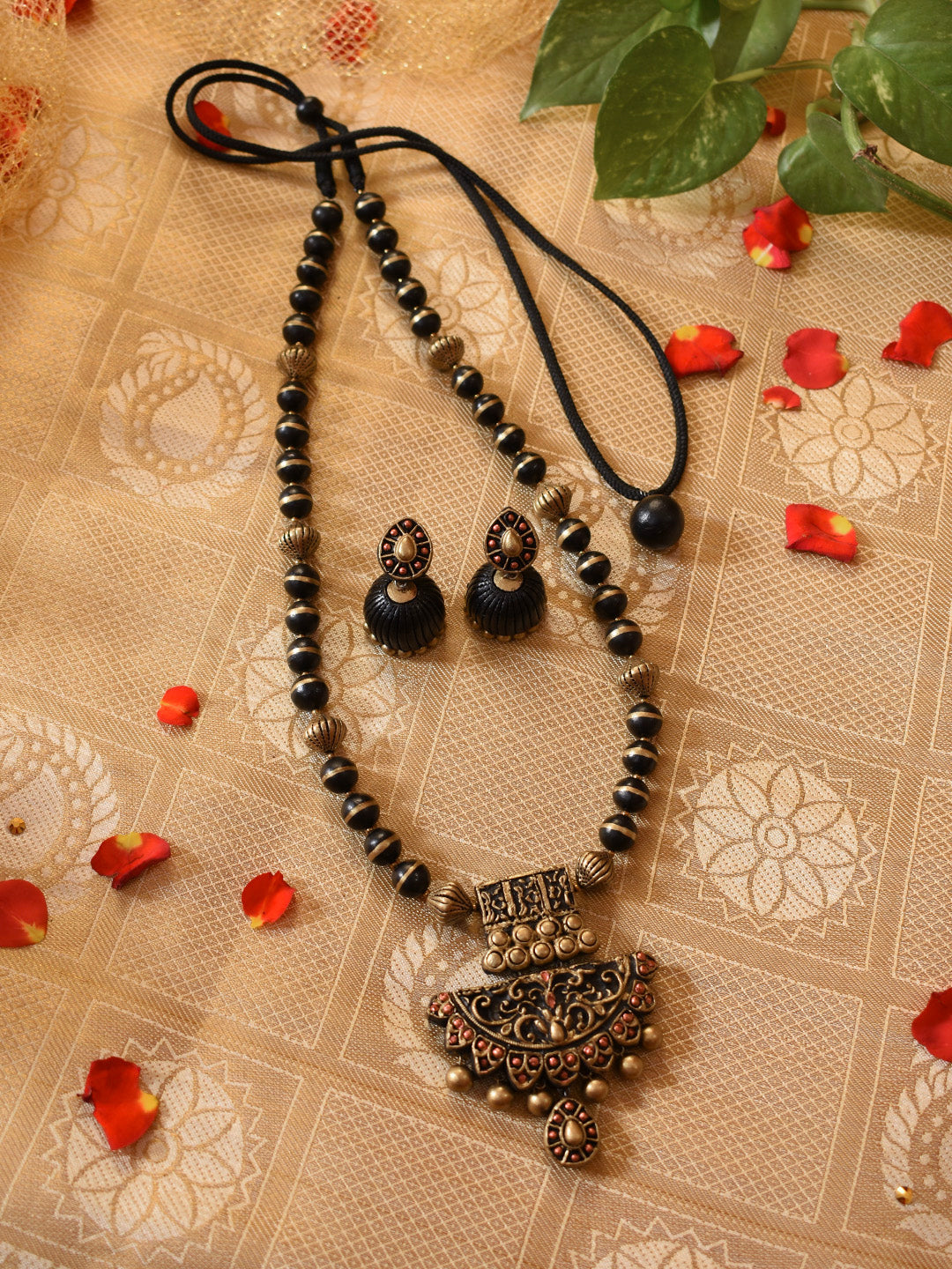 Antique Gold Black Filigree Work Pendant Mala Handmade Terracotta Necklace Set