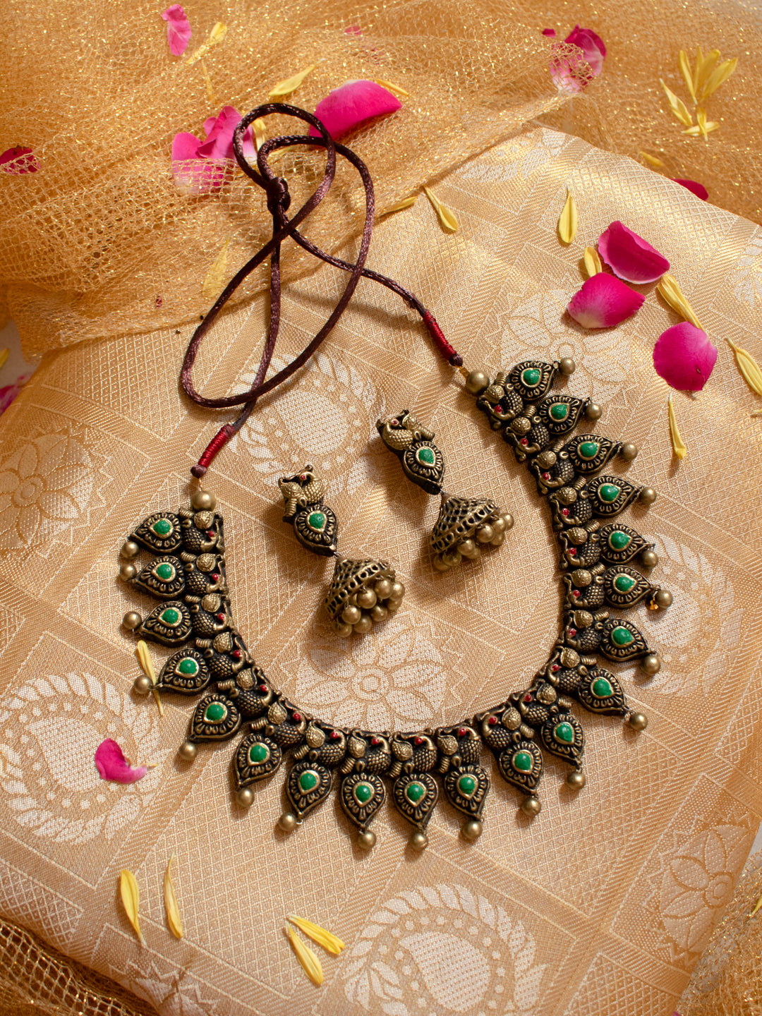 Antique Gold Red Green Peacock Leaf Design Handmade Terracotta Necklace Set