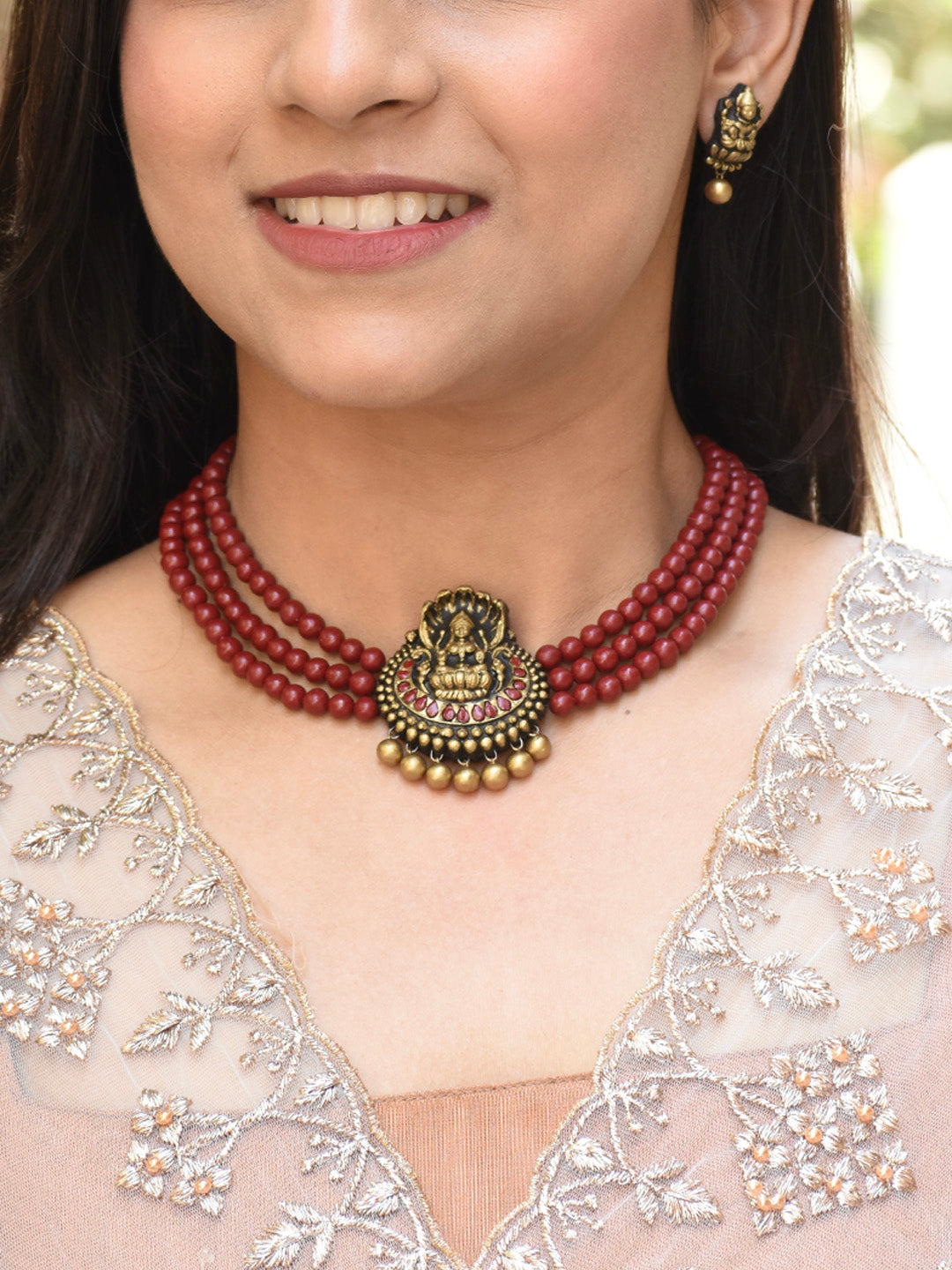 Mahashri Lakshmi — Antique Gold Maroon 3 Layered Beads Lakshmi Design Handmade Terracotta Necklace Set