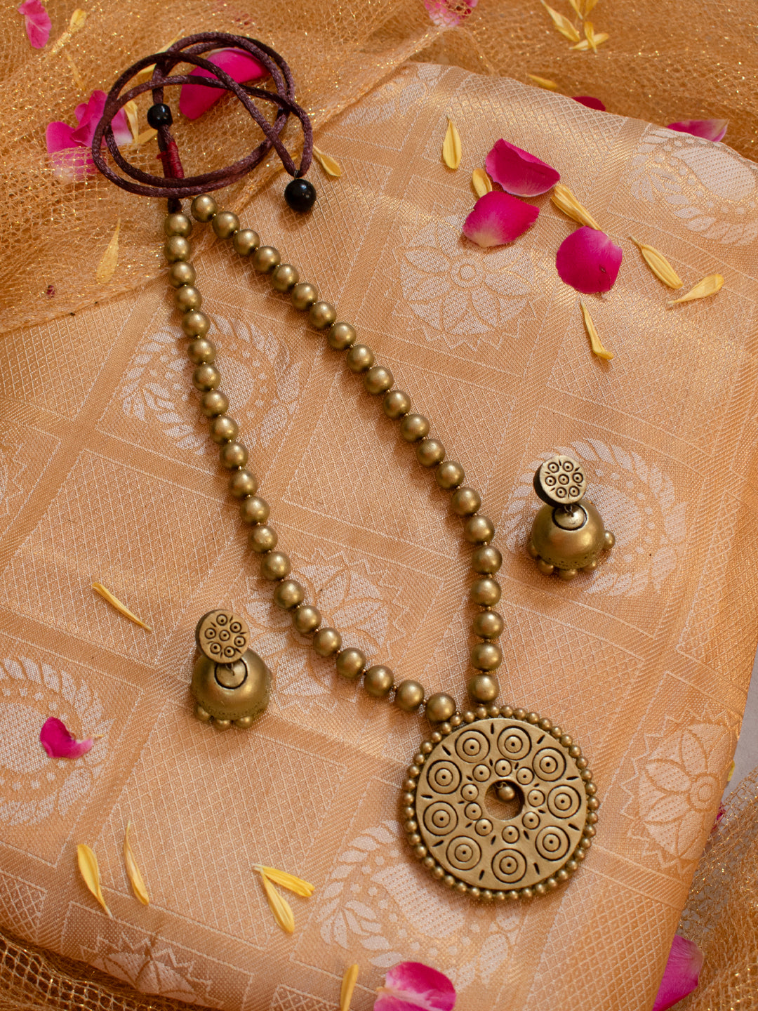 Antique Gold Concentric Circles Pendant Mala Handmade Terracotta Necklace Set