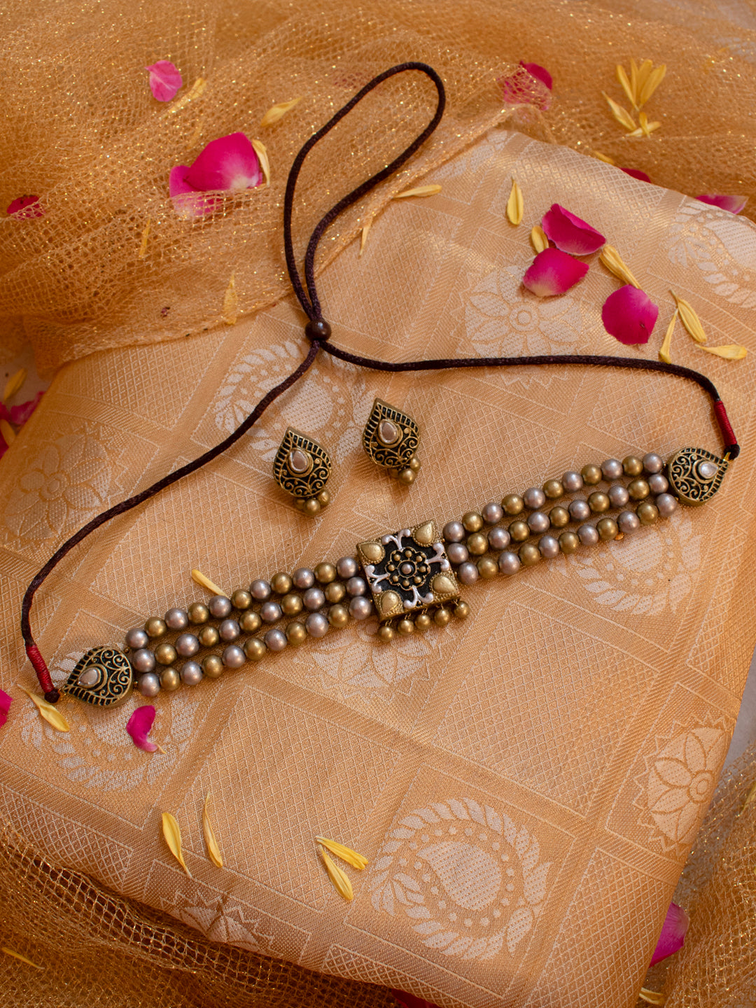 Dual Tone Antique Gold Silver Square Floral Pendant Victorian Choker Handmade Terracotta Necklace Set