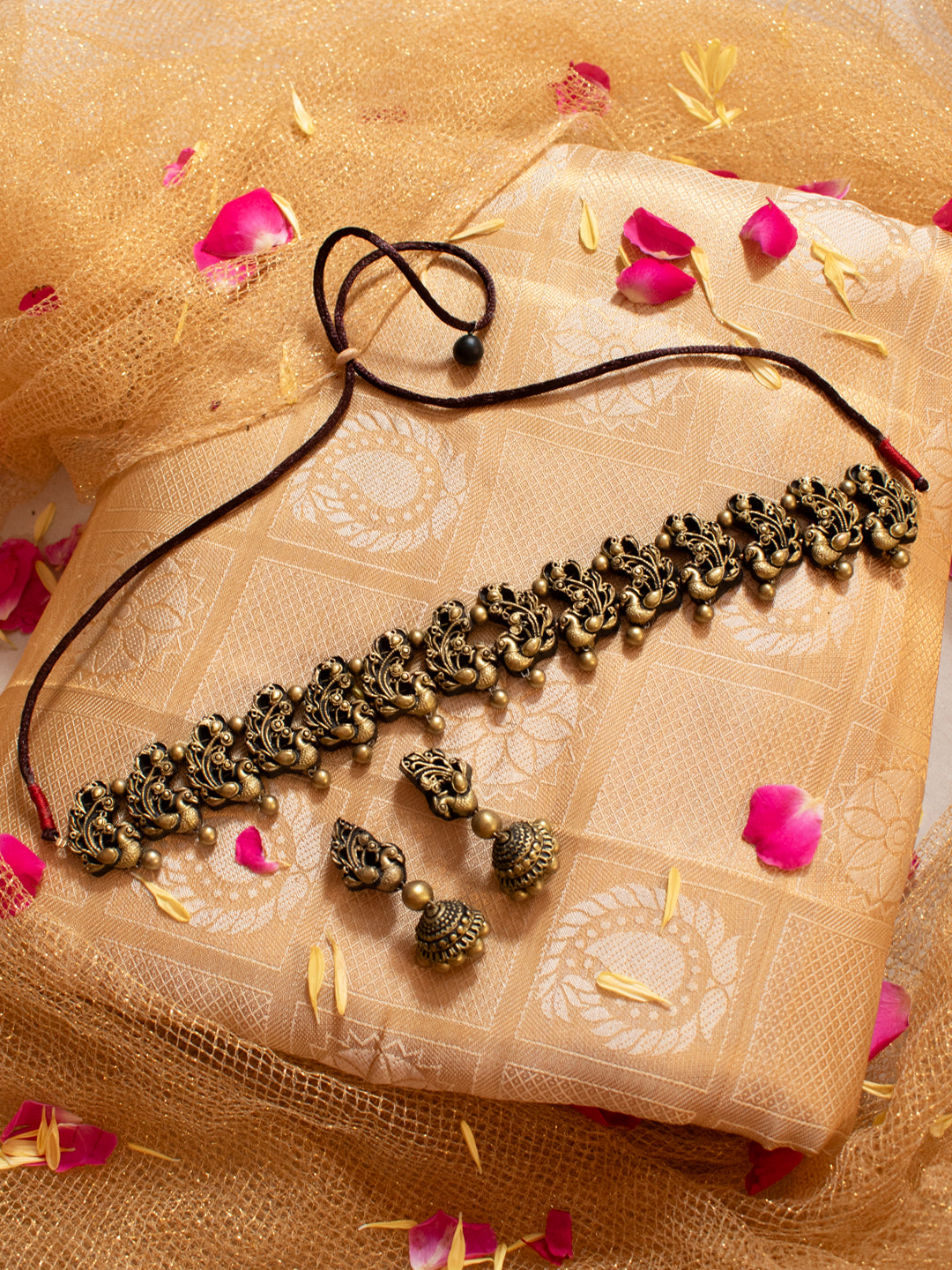 Minimalistic Antique Gold Peacock Design Choker Handmade Terracotta Necklace Set