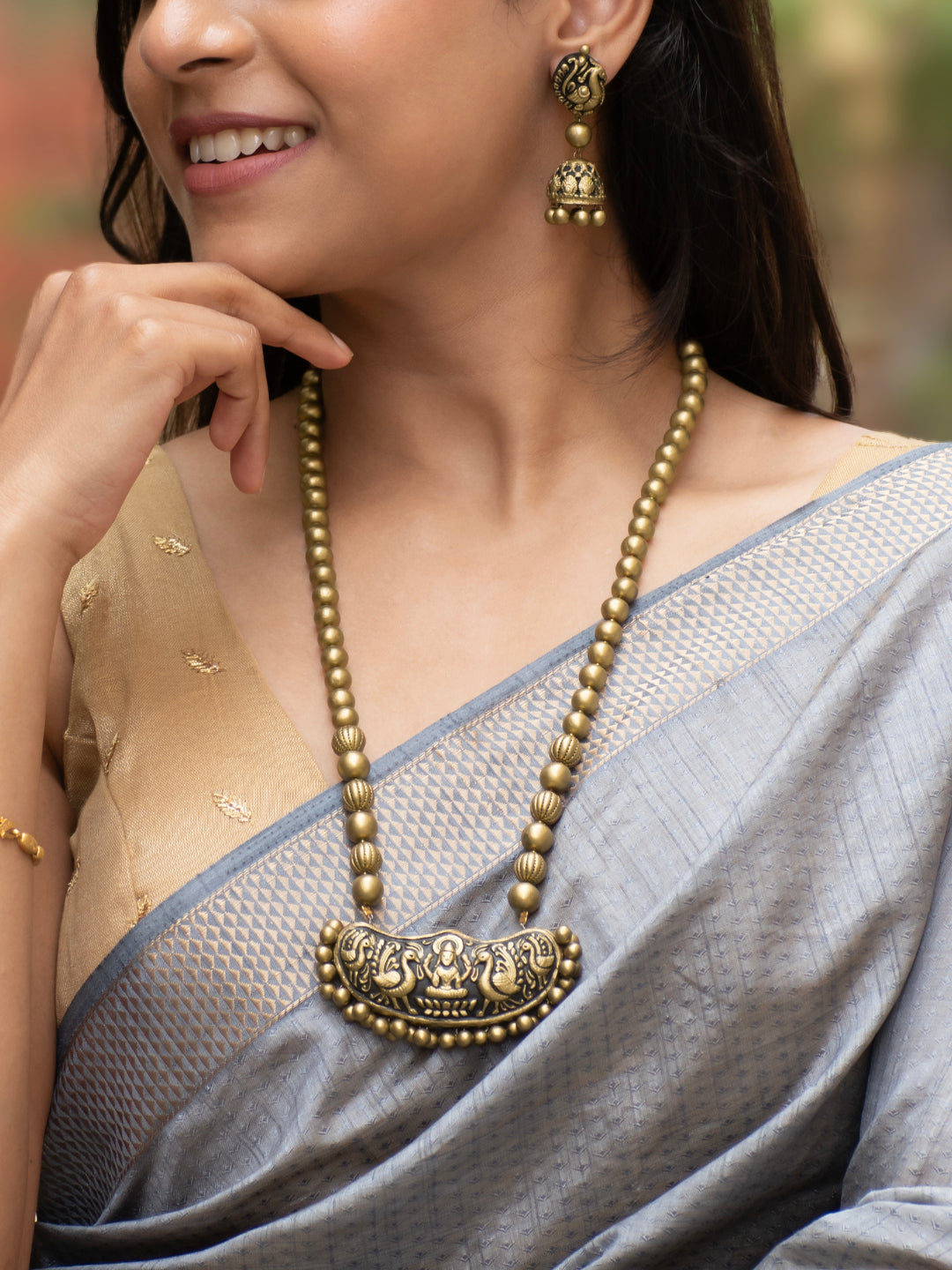 Antique Gold Lakshmi Peacock Design Mala Handmade Terracotta Necklace Set