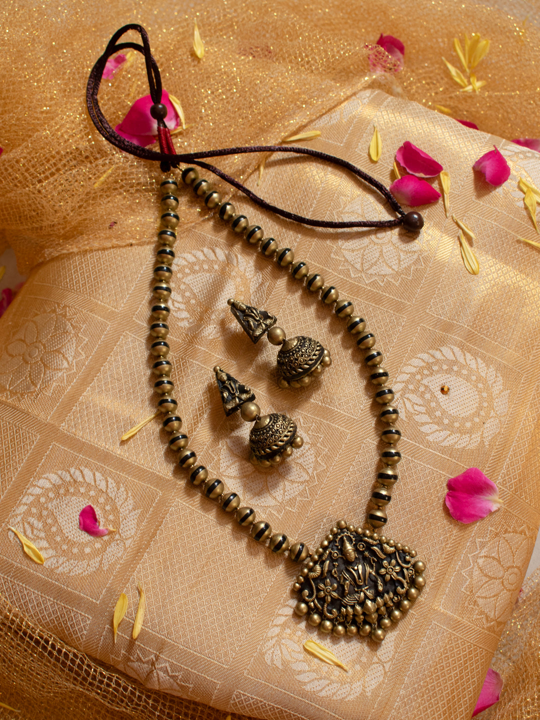 Antique Gold Black Lakshmi Design Mala Handmade Terracotta Necklace Set