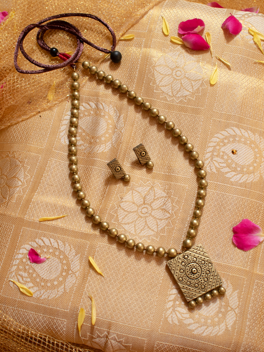 Antique Gold Rectangular Pendant Rhombus and Circlular Art Work Handmade Terracotta Necklace Set