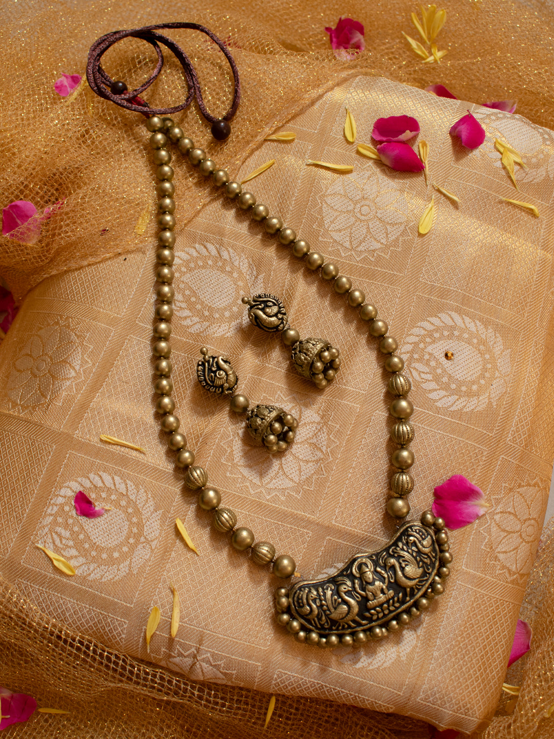 Antique Gold Lakshmi Peacock Design Mala Handmade Terracotta Necklace Set
