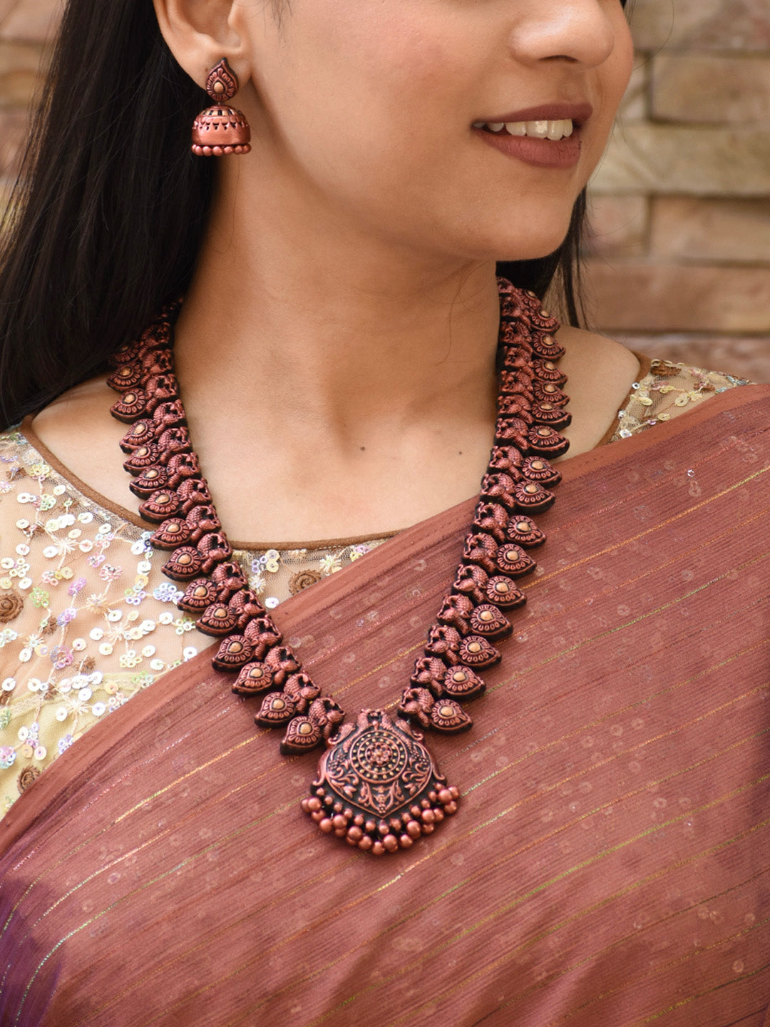 Tamramayura — Copper Finish Grand Peacock Design Haram Handmade Terracotta Necklace Set