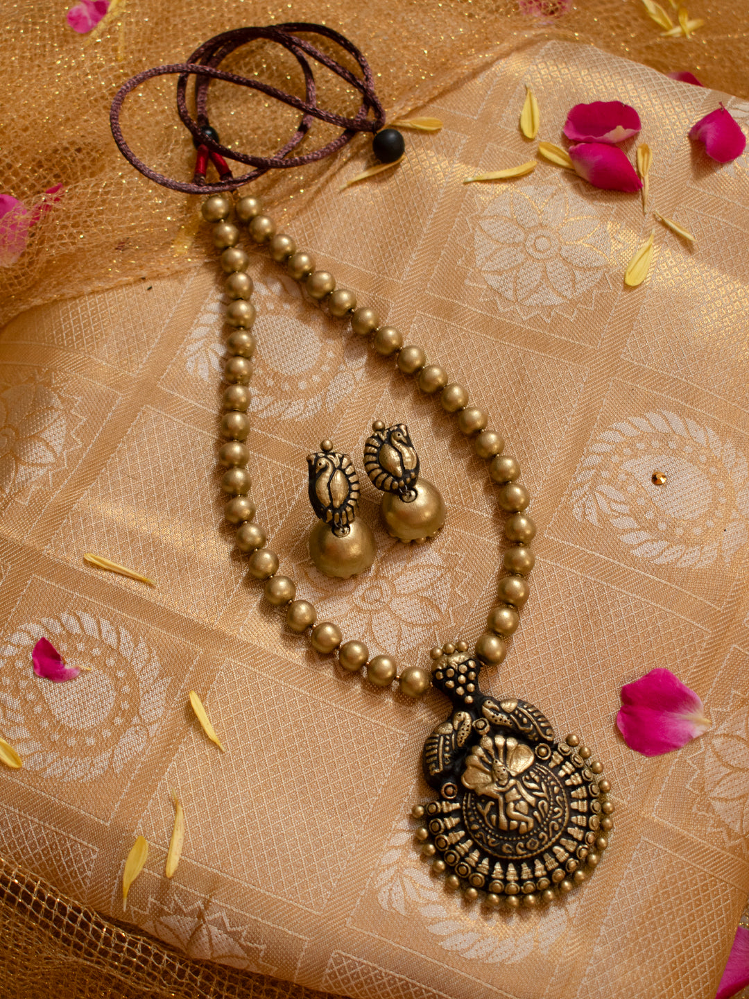 Pure Antique Gold Colour Gopalakrishna Pendant Temple Beads Mala Handmade Terracotta Necklace Set