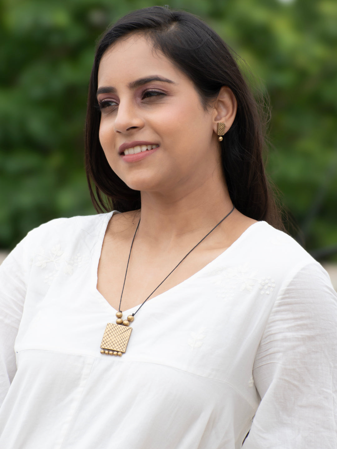 Antique Gold Square Design Minimalistic Handmade Terracotta Necklace Set