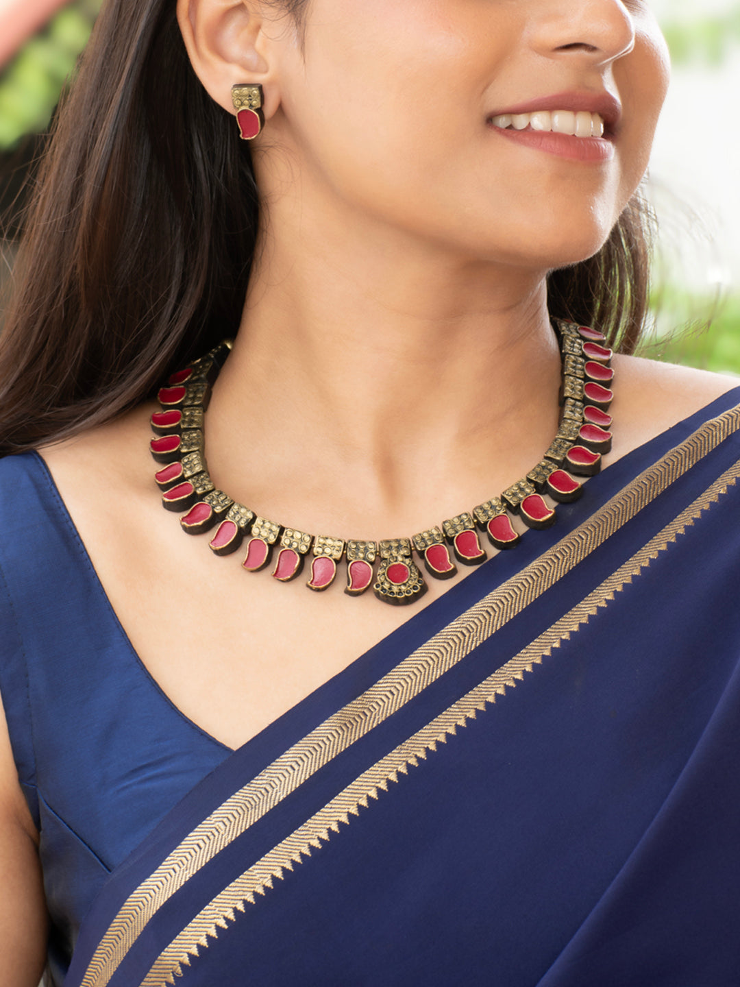 Antique Gold Maroon Manga Mango Design Handmade Terracotta Necklace Set