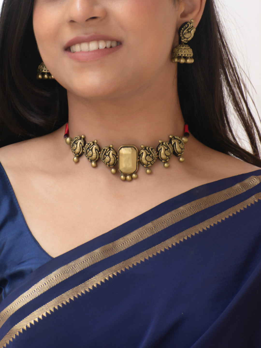 Antique Gold Peacock Design Rectangular Victorian Choker Handmade Terracotta Necklace Set