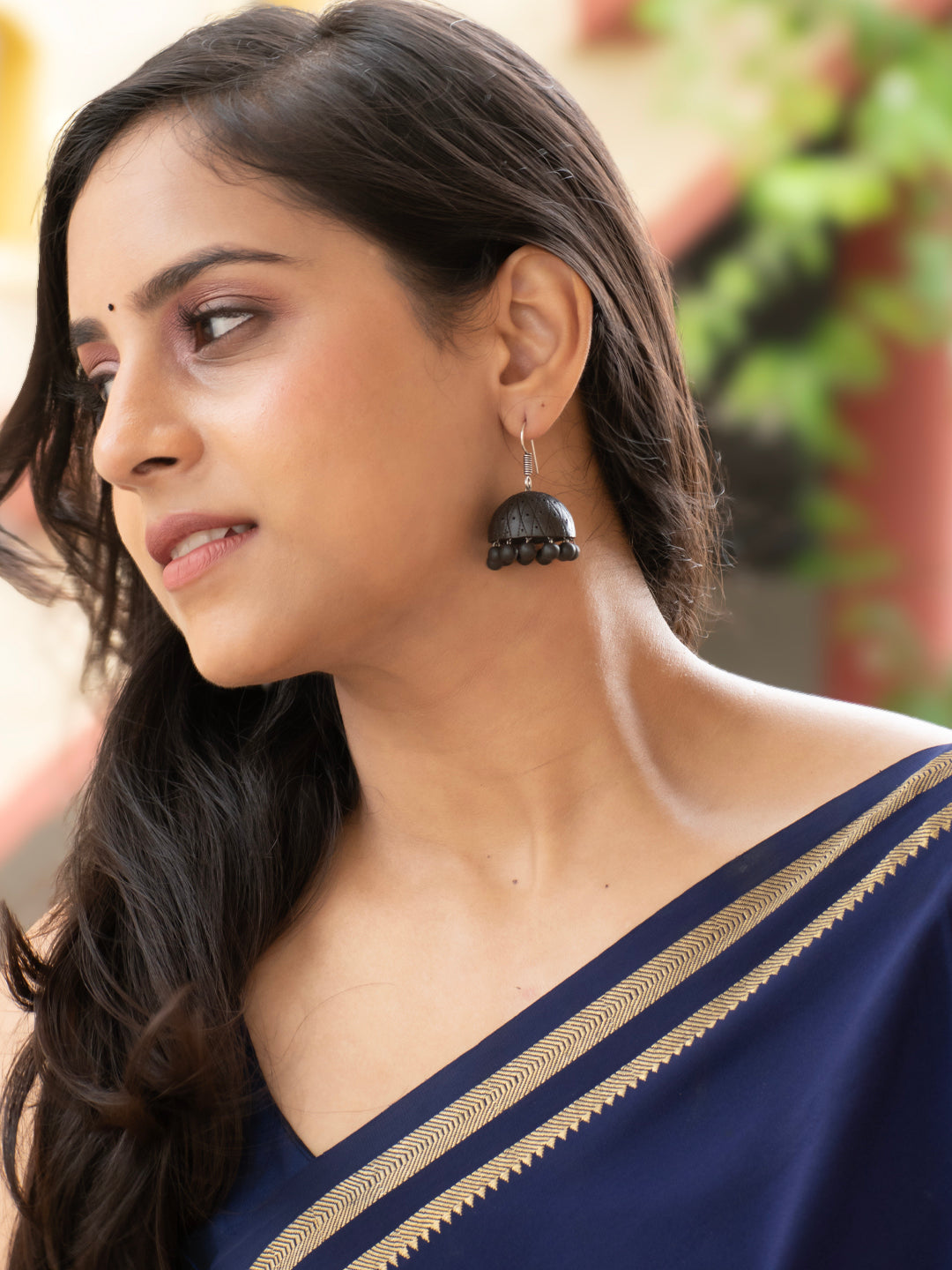 Bold Black Natural Shade Kiln Fired Handmade Terracotta Jhumka Dangling Hanging Earring