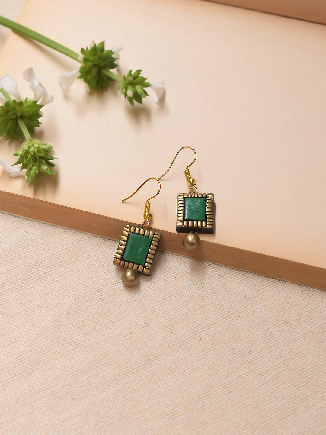 Handmade Terracotta Square Shape Green Tiny Stud