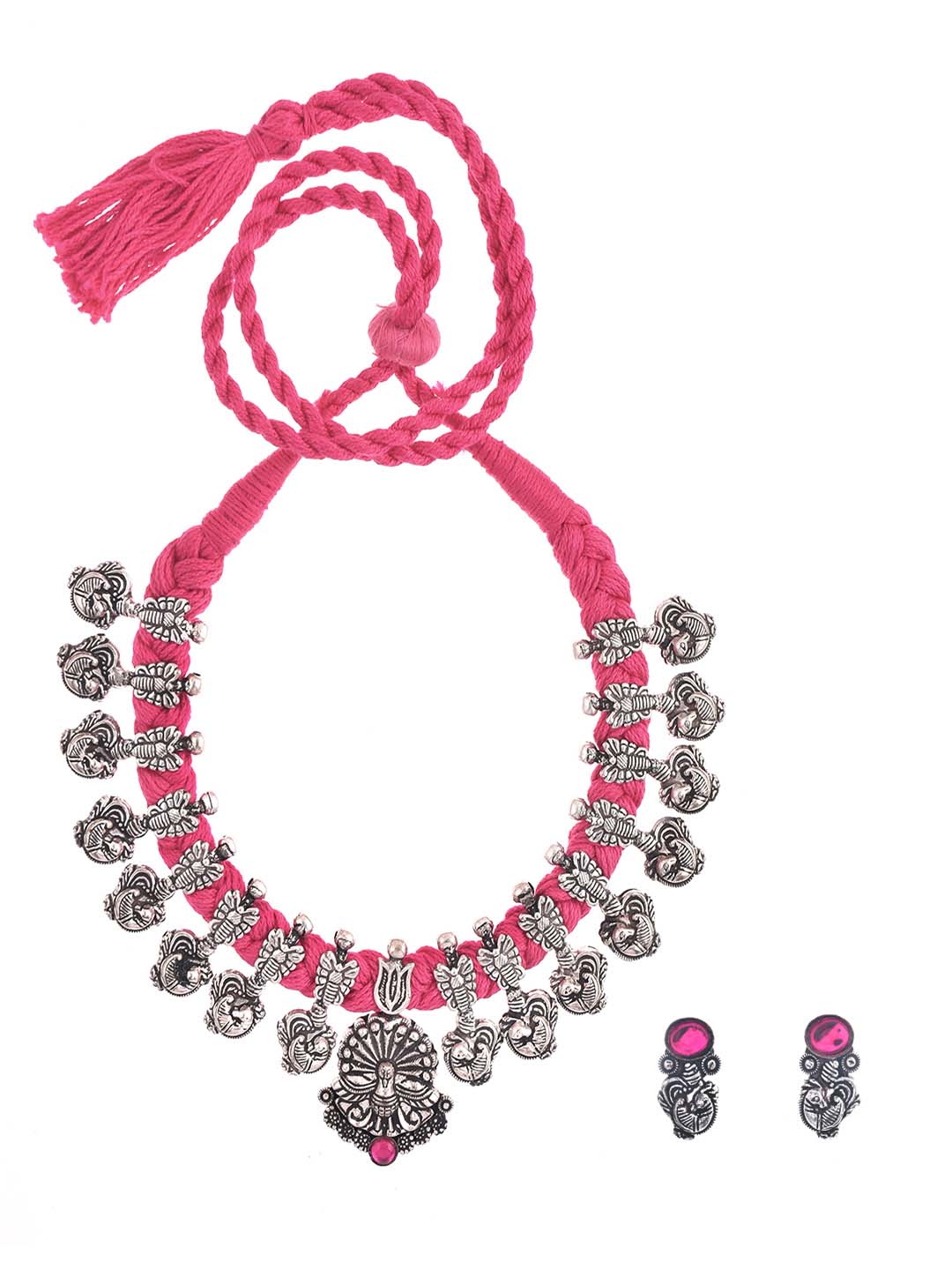 High Quality Oxidized Antique Silver Plated Peacock Design Pendant With Pink Color Adjustable Dori Choker Necklace Set