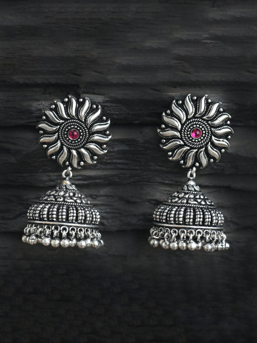 Designer Oxidized Silver Plated Sun Design Stud With Hanging Ghungroos Jhumka Earring