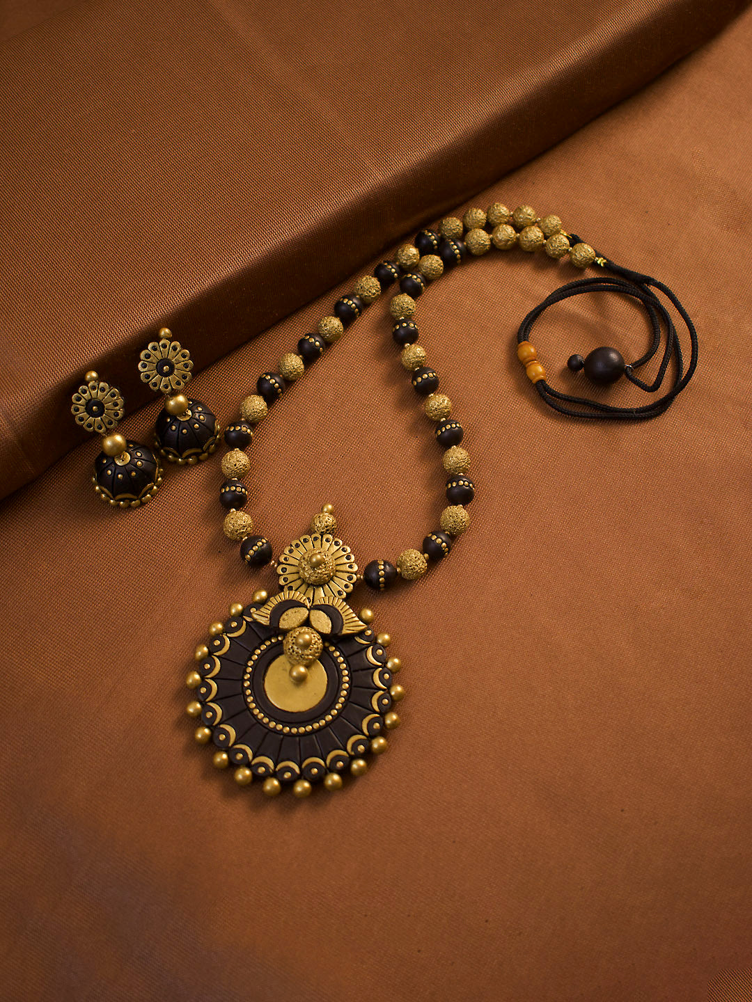Antique Gold Toned Black And Gold Color Peacock Design Pendant Terracotta Medium Necklace Set