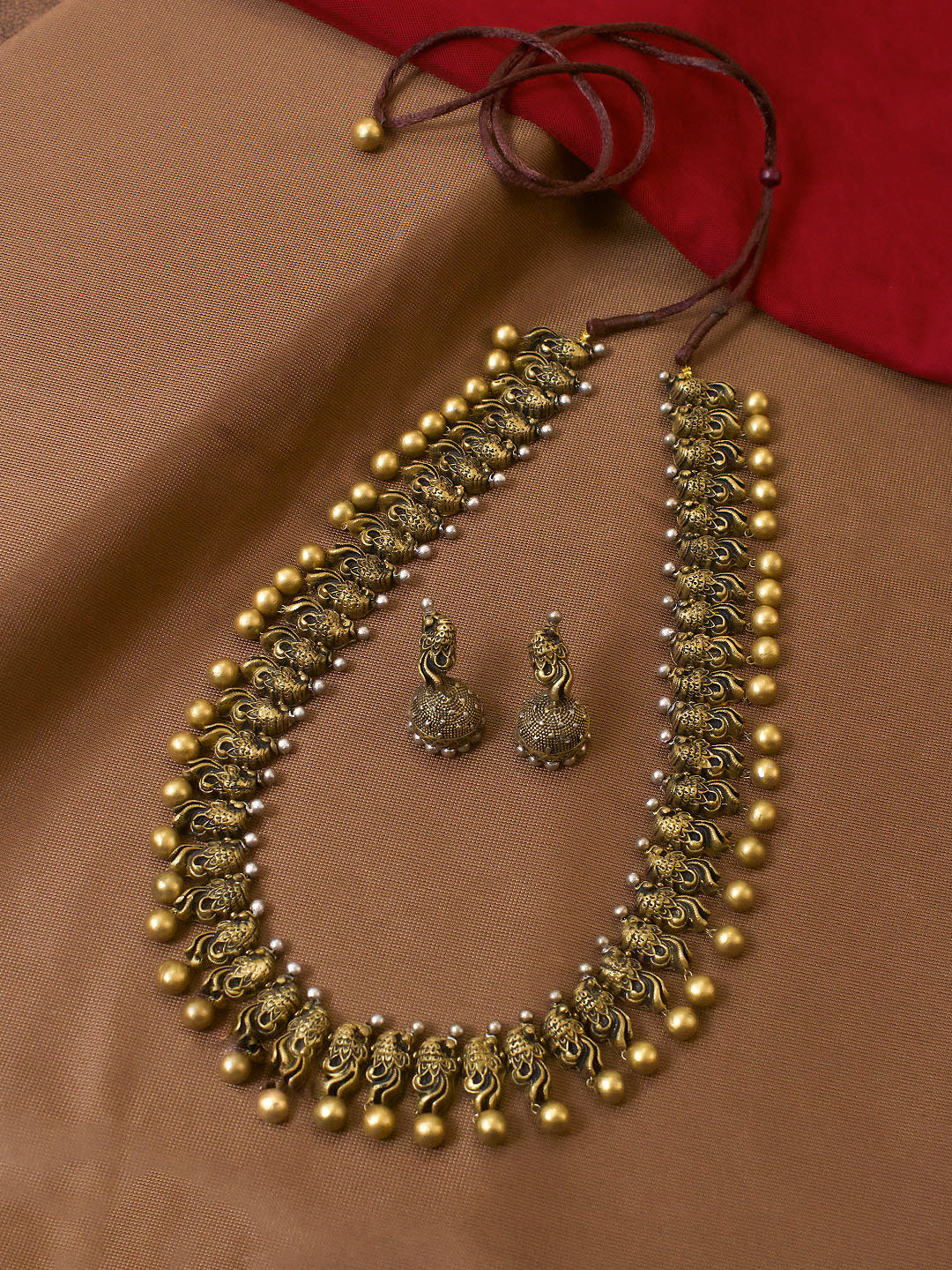 Antique Gold Toned Peacock Design Motifs Medium Handmade Terracotta Necklace Set