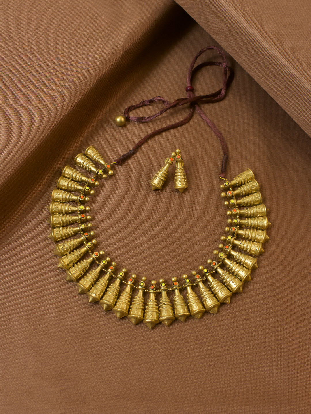 Antique Gold Toned Conical Shape Terracotta Choker Necklace Set