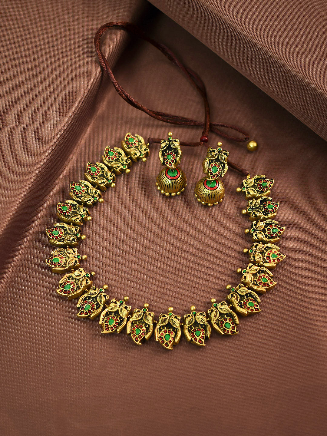 Antique Gold Toned Peacock And Mango Design Motifs Terracotta Choker Necklace Set